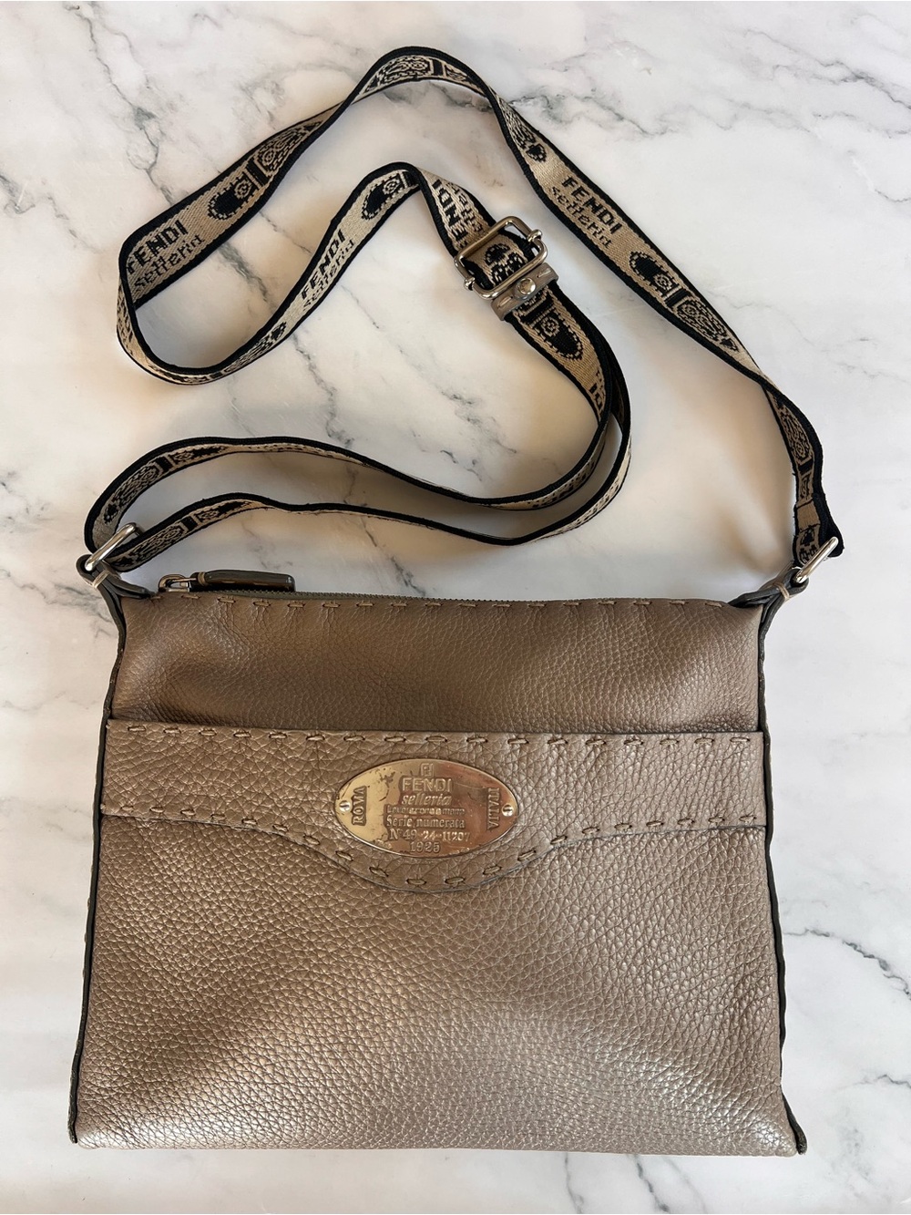 Fendi Taupe Leather Crossbody Bag Purse Branded Canvas Strap Vintage